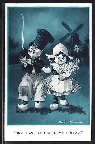 Künstler-AK Fred Spurgin: Say-Have you seen my Fritz ?, zwei Holländer- Junge raucht