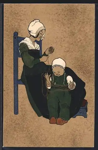 Künstler-AK M.Munk Nr. 186: Kind hält Wolle für seine Mutter