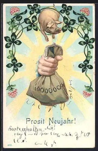 AK Hand mit Geldbeutel, Glücksschwein und Kleeblätter, Prosit Neujahr