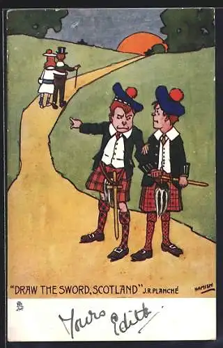 Künstler-AK Hamish: Highland Laddie - Draw this Sword, Scotland, Scherz, Schotten