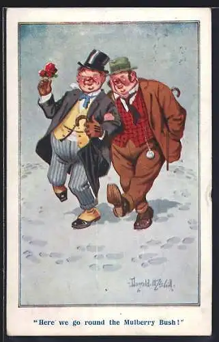 Künstler-AK Donald McGill: Here we go round the Mulberry Bush, Betrunkene Männer taumeln durch den Ort