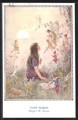 Künstler-AK Margaret W. Tarrant: Fairy Secrets, Mädchen und Feen im Garten