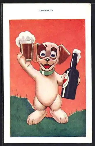 AK Cheerio, Hund mit einem Bierglas, vermenschlichte Tiere