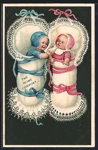 Lithographie Kinder, Babys geben sich gegenseitig eine Milchflasche