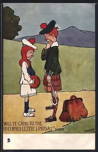 Künstler-AK Hamish: Schotten beim Abschied, Will ye gang to Hielands Lezzie Lindsay...