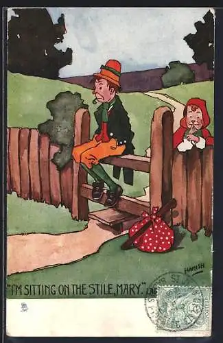 Künstler-AK Hamish: Mann sitzt beleidigt auf dem Zaun