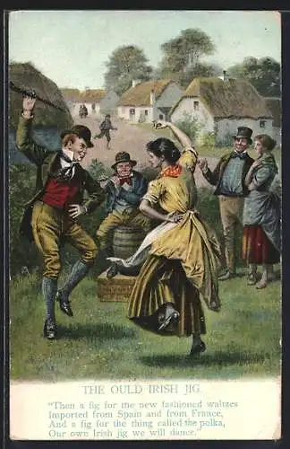 AK Volkstanz, The ould irish Jig, Mann und Frau tanzen zu Flötenspiel