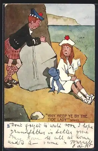 Künstler-AK Hamish: Matrose im Schottenrock und weinendes Mädchen
