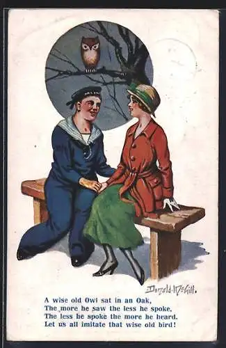 Künstler-AK Donald McGill: Matrose sitzt mit seiner Liebsten auf einer Bank