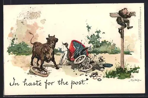 Künstler-AK sign. Pirkis: Autofahrer flüchtet vor Stier auf Wegweiser, Auto ist kaputt