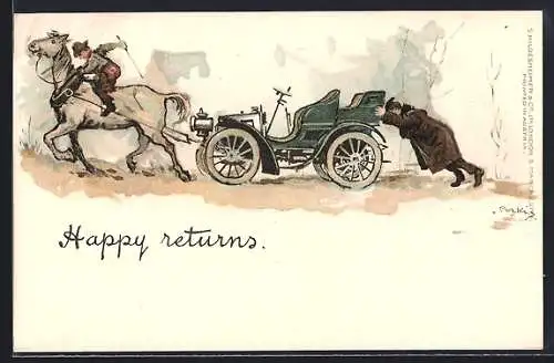 Künstler-AK sign. Pirkis: Auto wird von Pferd gezogen, Happy returns