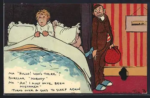 Künstler-AK Tom Browne: Frau wird von Einbrecher geweckt