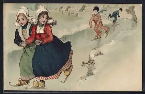 AK niederländische Mädchen beim Schlttschuhlaufen mit ihren Freunden