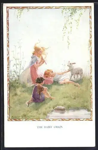 Künstler-AK Margaret W. Tarrant: Magic of Childhood, The Daisy Chain, Mädchen mit Lamm am Ufer
