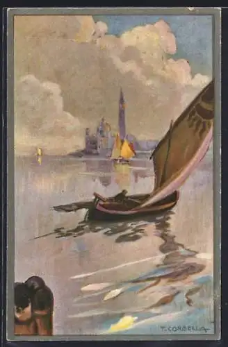 Künstler-AK Tito Corbella: Segelboot vor Küste