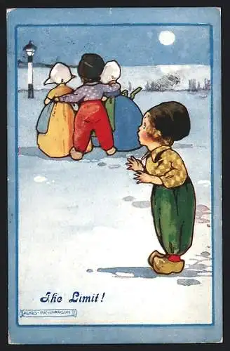 Künstler-AK Agnes Richardson: The Limit, Familie im Winter bei Nacht