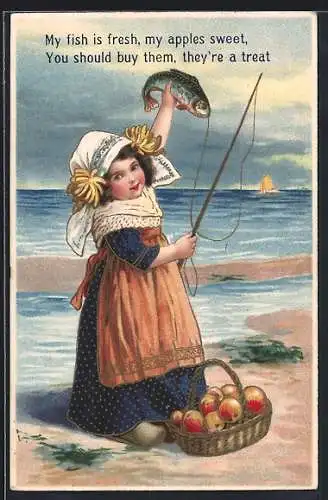 Künstler-Präge-AK Mädchen mit Fisch an der Angel