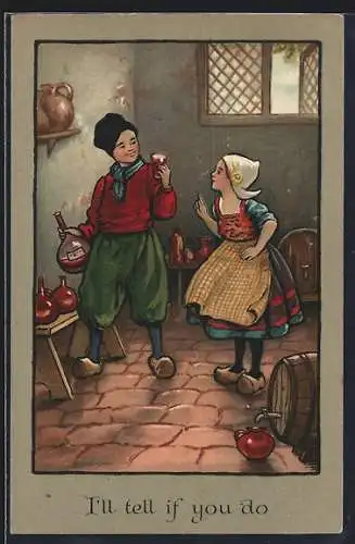 Künstler-AK Ethel Parkinson: Junge kostet Wein, Mädchen hebt mahnend den Finger
