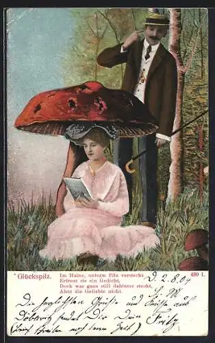 Künstler-AK Liebespaar mit riesigem Pilz diskutiert auf einer Wiese