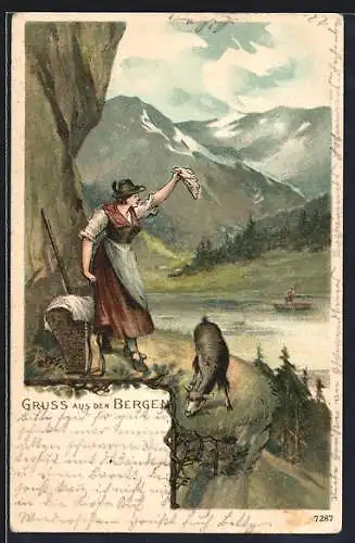 Lithographie Winkende Frau mit Ziege in den Bergen