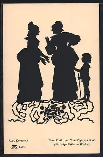 Künstler-AK Paul Konewka: Frau Fluth und Frau Page mit Sohn aus Die lustigen Weiber von Windsor
