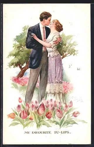 AK Liebespaar küsst sich im Tulpenbeet