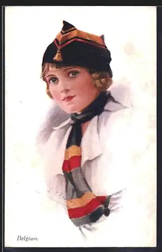 Künstler-AK sign. G. C. Brisley: Junge Frau mit Kappe und Schal in den belgischen Nationalfarben, Belgium