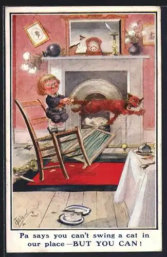 Künstler-AK T. Gilson: Pa says you can`t swing a cat in our place - BUT YOU CAN!, Scherz