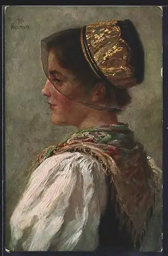 Künstler-AK W. Hasemann, schöne Mühlenbacherin in Tracht