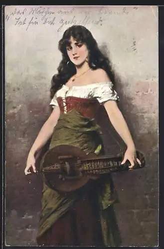 Künstler-AK Das Mädchen aus der Ferne, Musikantin mit Vielle