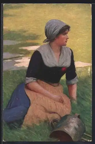 Künstler-AK sign. Adolf Hering: Auf der Wiese, junge Frau mit Kopftuch sitzt auf der Wiese