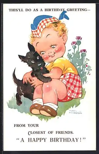 Künstler-AK Agnes Richardson: From you closest of friends A Happy Birthday!, kleiner Schotte