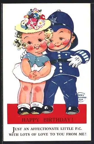 Künstler-AK Agnes Richardson: Polizist in Uniform und Frau mit Blumenhut, Glückwunsch zum Geburtstag