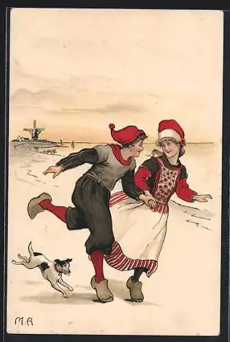 AK niederländische Bauernkinder am Strand, Tracht, Hund