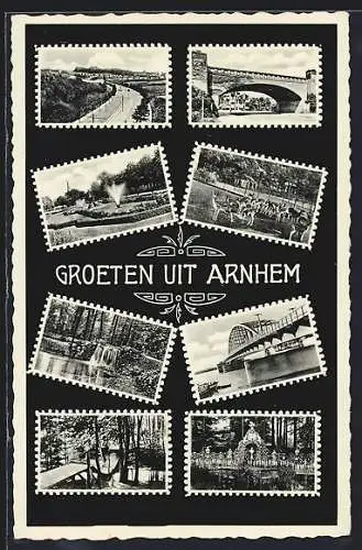 AK Arnhem, Brücken, Rehe und Springbrunnen im Park