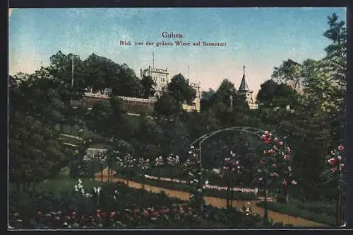 AK Guben, Blick von der grünen Wiese auf Sanssouci