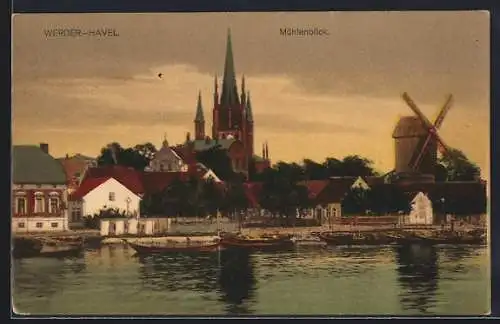 AK Werder / Havel, Ortsansicht mit Windmühle