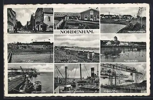 AK Nordenham, Bahnhofstrasse mit Geschäft, Fischereihafen, Bananenschiff Oldenburg