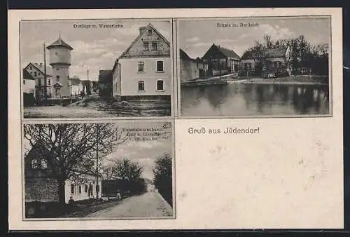 AK Jüdendorf, Handlung u. Glaserei v. Th. Kassler, Dorflage mit Wasserturm, Schule