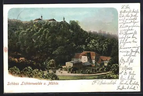 AK Lichtenwalde, Schloss und Mühle mit Panorama