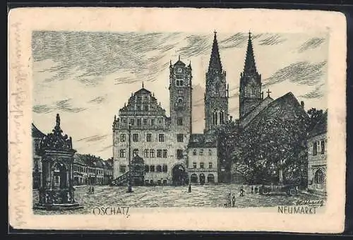 Künstler-AK Oschatz, Neumarkt mit Passanten und Brunnen