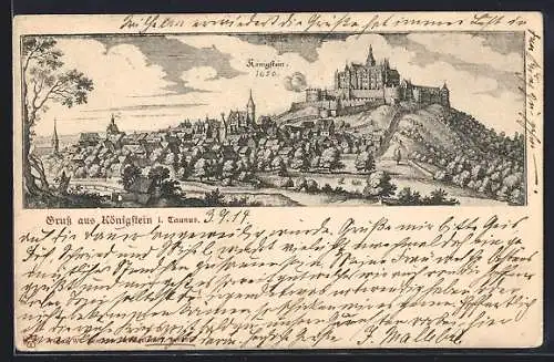 Künstler-AK Königstein i. Taunus, Abbildung der Stadt im Jahr 1650