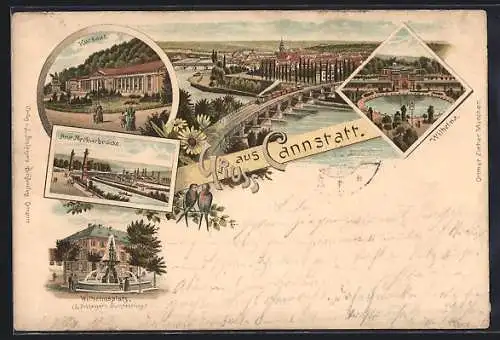 Vorläufer-Lithographie Cannstatt, 1894, Kursaal, Neue Neckarbrücke, Wilhelma