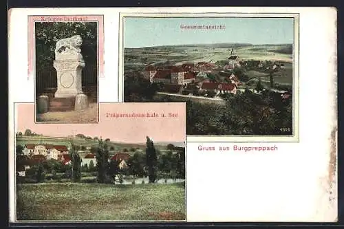 AK Burgpreppach, Präparandenschule u. See, Kriegerdenkmal, Gesamtansicht