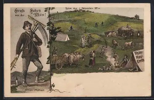 AK Hohe Rhön, Heuernte, Idylle mit Fuhrwerken, Zelt, Lagerfeuer und Heidelsteinspitze, Rhön-Mäher