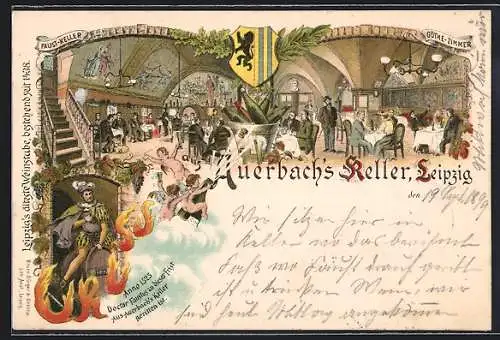 Lithographie Leipzig, Gasthaus Auerbachs Keller, Göthe-Zimmer mit Gästen, Engel mit Sekt, Doktor Faustus