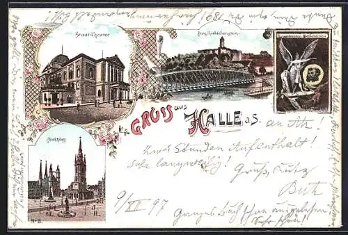 Lithographie Halle / Saale, Stadt-Theater, Marktplatz, Burg Giebichenstein