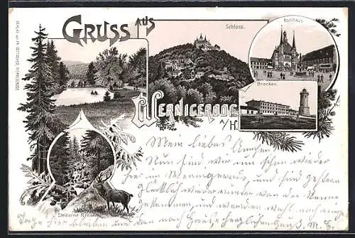 Lithographie Wernigerode a. H., Steinerne Renne, Brocken, Rathaus, Schloss