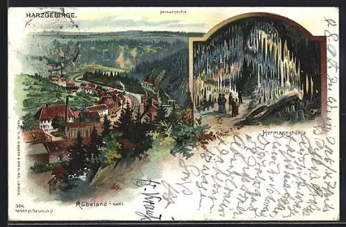 Lithographie Rübeland, Panorama und Hermannshöhle