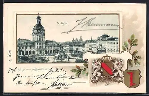 Passepartout-Lithographie Mannheim, Paradeplatz mit Denkmal u. Turm, Wappen